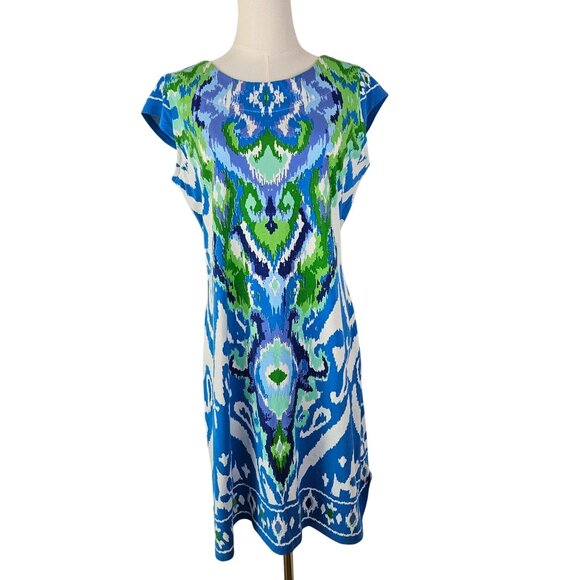 Barbara Erickson Ikat Print Shift Dress Medium Blue Green Tropical Stretch - Picture 1 of 9